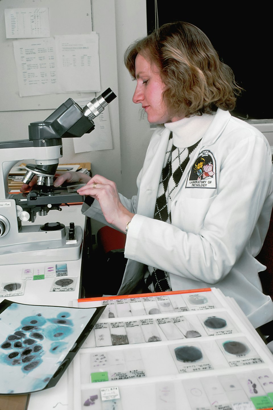 Woman examines medical slides with a microscope in a lab.